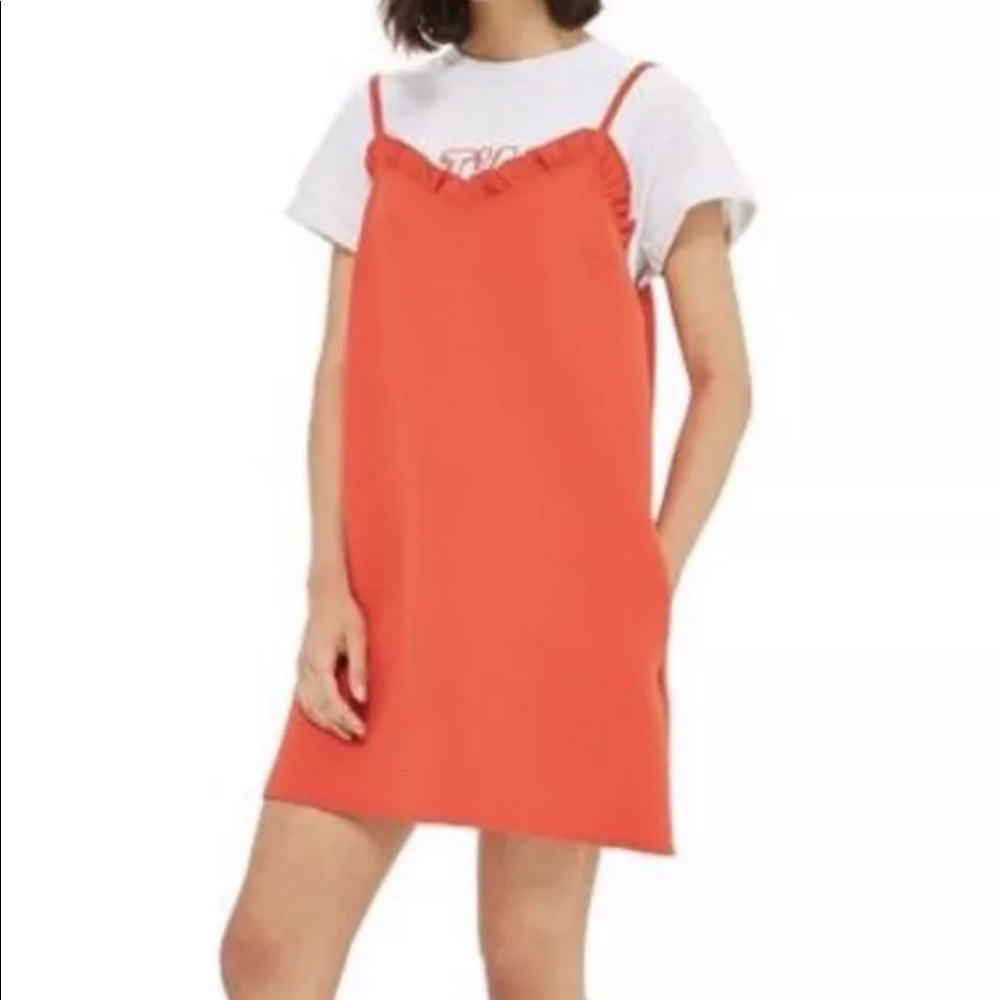 Topshop Red Sheath Slip Dress Sz 10 Ruffle Trim